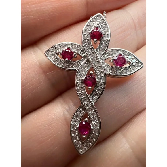 Lab ruby and CZ cross pendant and chain in rhodium over sterling silver - Picture 9 of 11